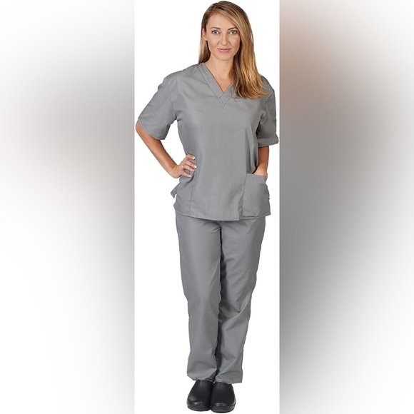 Natural Uniforms Gray Medium Solid V-Neck Scrub Set Medical Scrub Tops Pants - Picture 1 of 16
